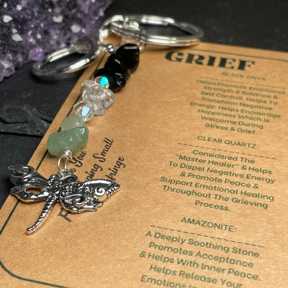 Grief Dragonfly Charm Keychain Black Onyx, Clear Quartz, Amazonite, Arti… - Picture 2 of 11